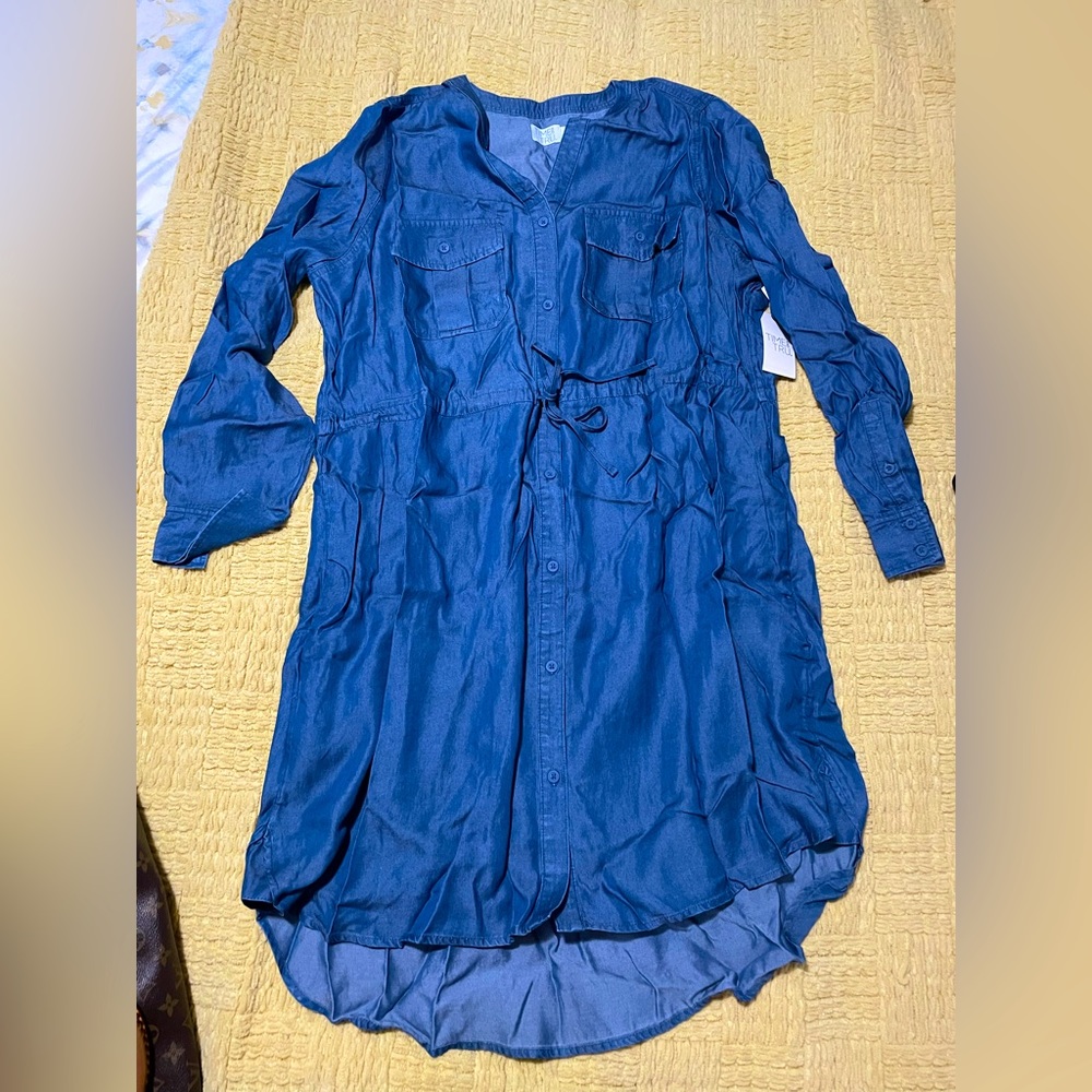 Time & Tru soft denim dress with tie around the waist. NWT